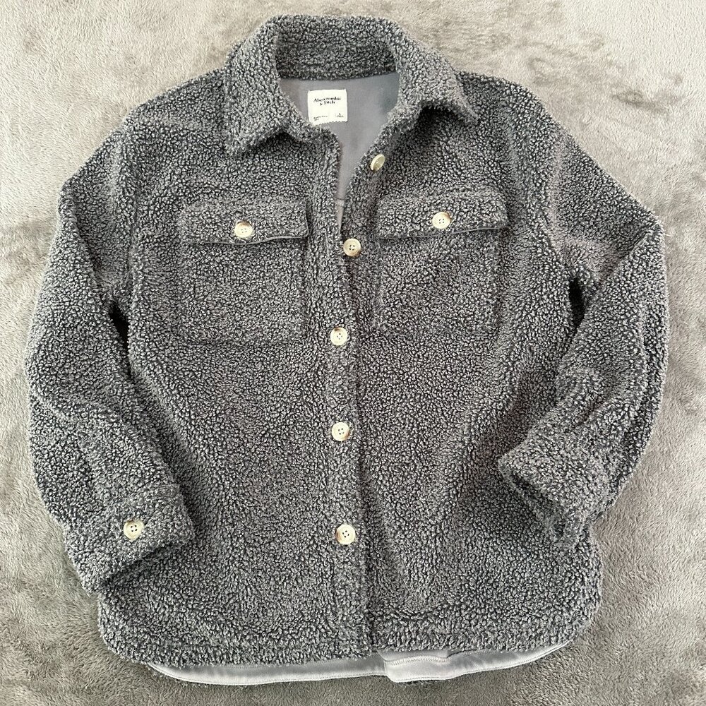 Abercrombie & Fitch Gray Sherpa Teddy Shacket Jacket LARGE Women's Button Up